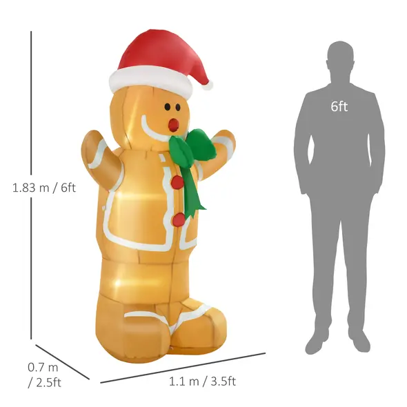 HOMCOM 6ft Christmas Inflatable Gingerbread Man & Santa Hat Safe Outdoor Decoration w/ Accessories - 3
