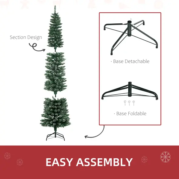 HOMCOM 7.5FT Artificial Snow Dipped Christmas Tree Xmas Pencil Tree Holiday Home Indoor Decoration with Foldable Black Stand, Green - 6