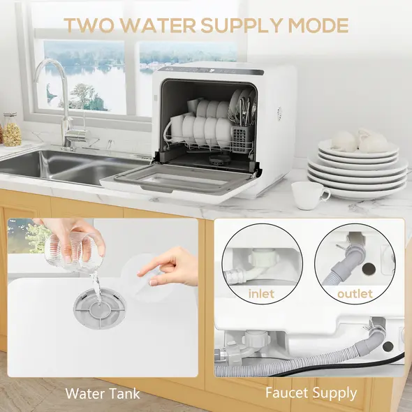 HOMCOM 6L Five-Mode Tabletop Dishwasher - White - 6