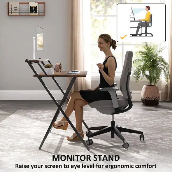 HOMCOM 81.5 cm Folding Computer Desk with Monitor Shelf - Rustic Brown - 5