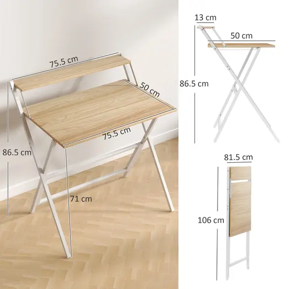 HOMCOM 81.5 cm Folding Computer Desk with Monitor Shelf - Natural Wood Finish - 3