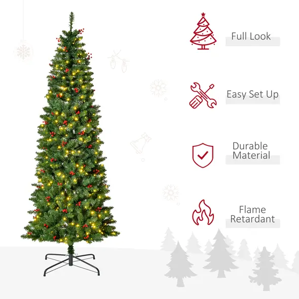HOMCOM 7FT Prelit Artificial Pencil Christmas Tree with Warm White LED Light, Red Berry, Holiday Home Xmas Decoration, Green - 4