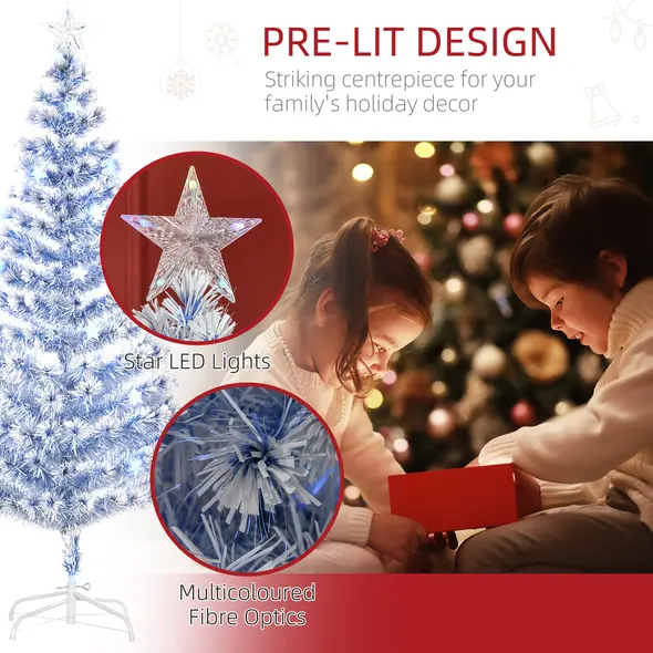 HOMCOM 6FT Artificial Fibre Optic Christmas Tree Seasonal Decoration w/ LED Lights Pre-Lit Easy Store White Blue - 5