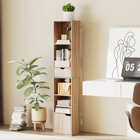 HOMCOM 6-Tier Bookcase, Tall Narrow Bookshelf with Drawer and Door - Natural Wood Finish - 2