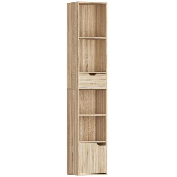HOMCOM 6-Tier Bookcase, Tall Narrow Bookshelf with Drawer and Door - Natural Wood Finish - 1