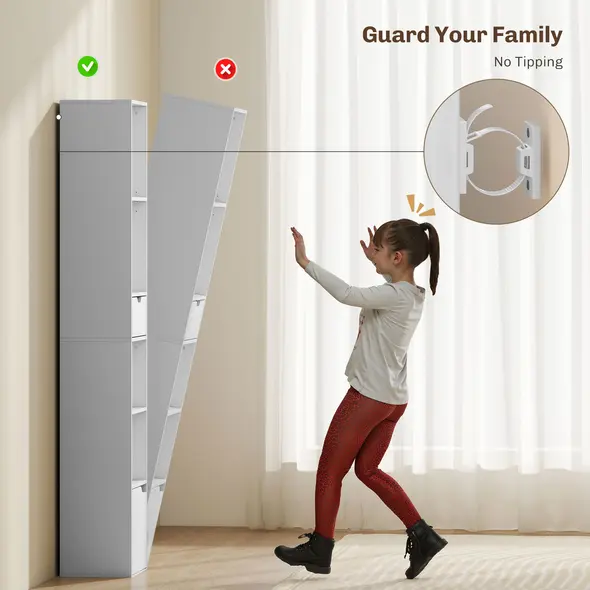 HOMCOM 6-Tier Bookcase, Tall Narrow Bookshelf with Drawer and Door - White - 6