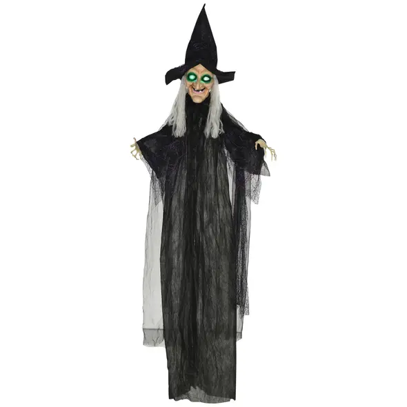 HOMCOM 6ft Outdoor Halloween Decoration Witch, Hanging Witch Prop Life Size with Sound and Motion Activated, Light Up Eyes, Talking Sound, Posable Arms - 1
