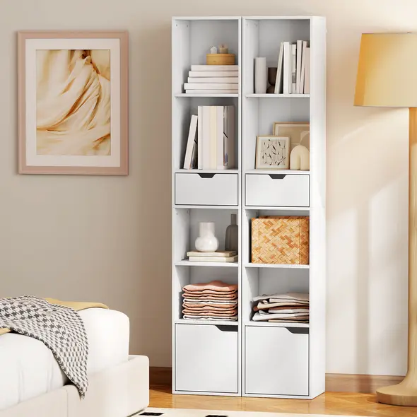 HOMCOM 6-Tier Bookcase, Tall Narrow Bookshelf with Drawer and Door - White - 8