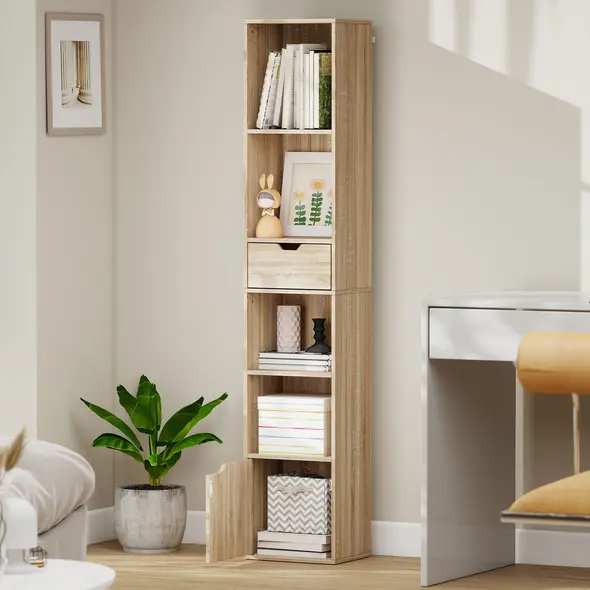 HOMCOM 6-Tier Bookcase, Tall Narrow Bookshelf with Drawer and Door - Natural Wood Finish - 9