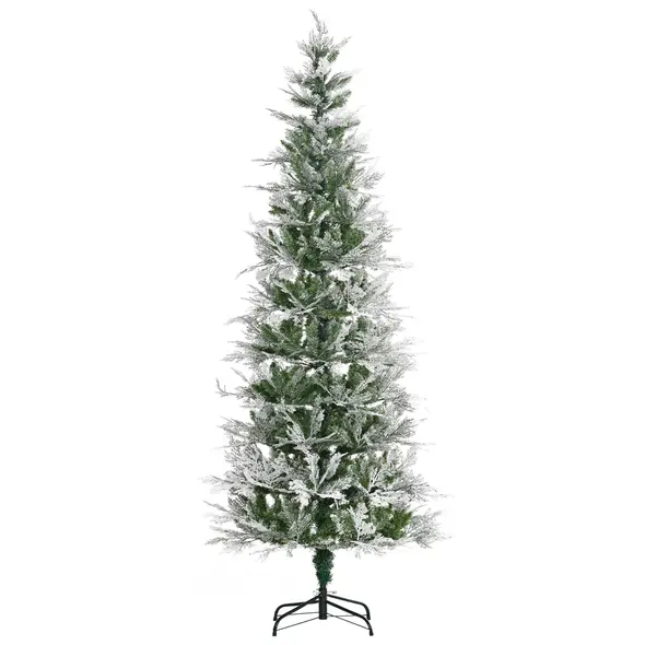 HOMCOM 7 Ft Pencil Snow Flocked Artificial Christmas Tree with Realistic Cypress Branches, Auto Open, Green - 1