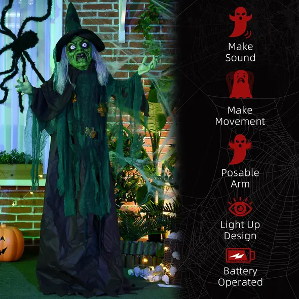 HOMCOM 6ft Halloween Witch Decoration, Outdoor Activated Prop with Light Up Eyes Magical Heart, Sound Activated - 7
