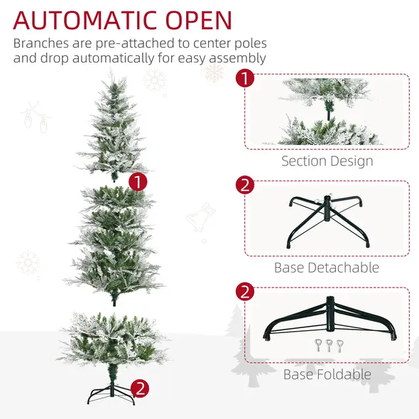 HOMCOM 7 Ft Pencil Snow Flocked Artificial Christmas Tree with Realistic Cypress Branches, Auto Open, Green - 6