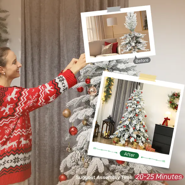 HOMCOM 6ft Super Flocked Christmas Tree - Green/White - 7