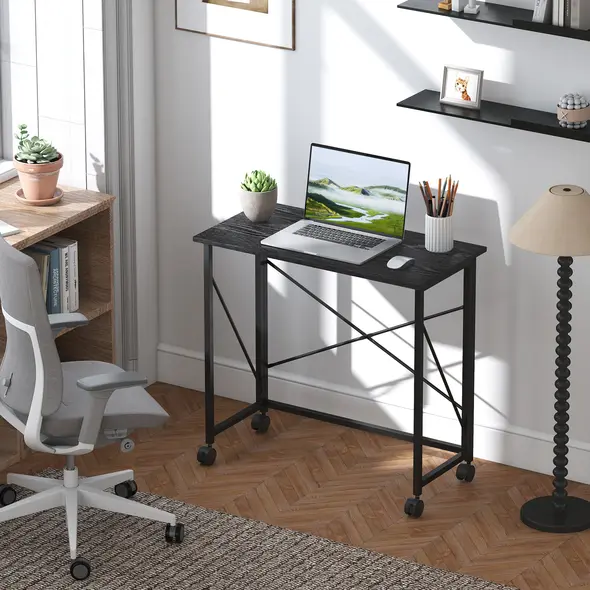 HOMCOM 80 cm Folding Desk on Wheels - Black - 2