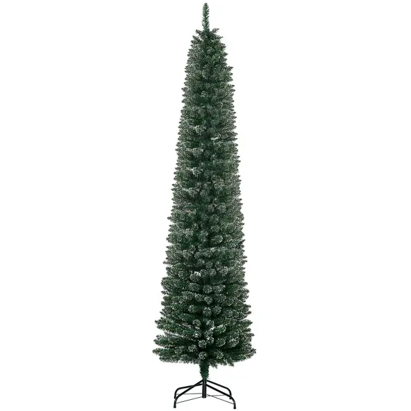 HOMCOM 7.5FT Artificial Snow Dipped Christmas Tree Xmas Pencil Tree Holiday Home Indoor Decoration with Foldable Black Stand, Green - 1
