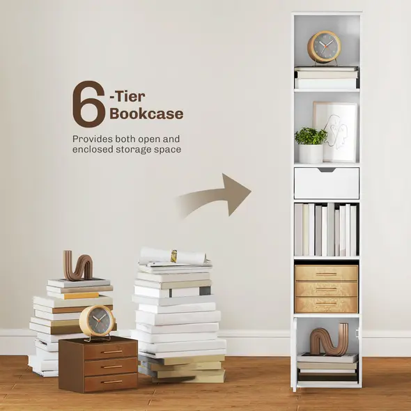 HOMCOM 6-Tier Bookcase, Tall Narrow Bookshelf with Drawer and Door - White - 4