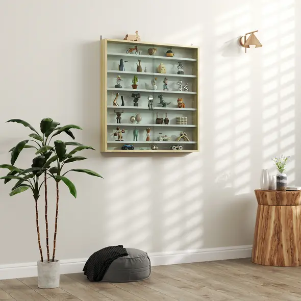 HOMCOM 7-Tier Wall Display Shelf Unit Cabinet w/ 6 Adjustable Shelves Glass Doors Home Office Ornaments 83x80cm, Oak - 2