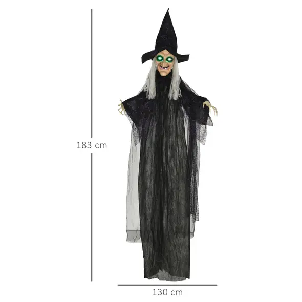 HOMCOM 6ft Outdoor Halloween Decoration Witch, Hanging Witch Prop Life Size with Sound and Motion Activated, Light Up Eyes, Talking Sound, Posable Arms - 3
