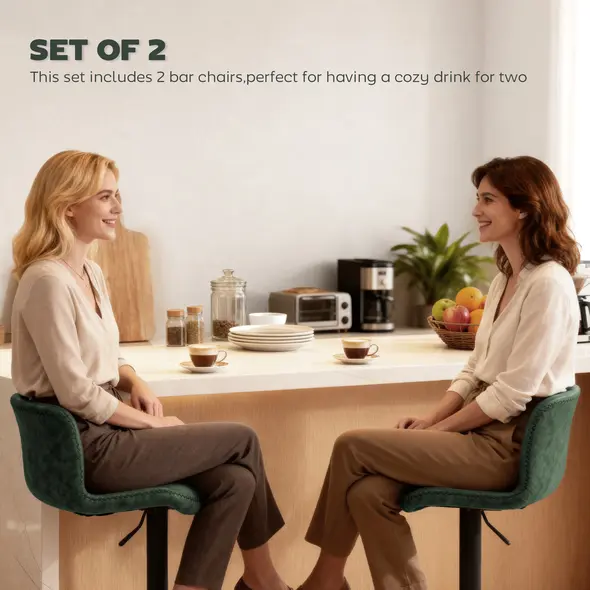 HOMCOM Bar Stools Set of 2, PU Leather Barstools with Backrest and Footrest for Kitchen, Counter, Breakfast Bar, Green - 4