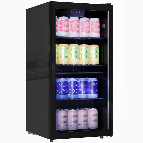 HOMCOM 93L Drinks Fridge, 115 Can Freestanding Beer Fridge with Glass Door, Adjustable Shelves, LED Light, for Beer Soda, Black - 1