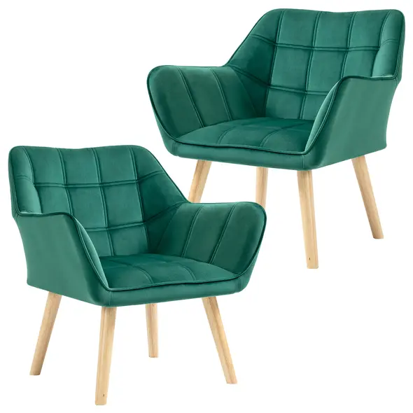 HOMCOM Armchair Accent Chair, Vanity Chair with Wide Arms, Slanted Back, Padding, Metal Frame, Wooden Legs, Home Bedroom Furniture Seating, Set of 2, Green - 1