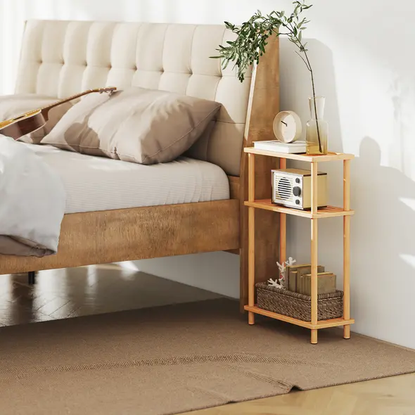 HOMCOM Bamboo Side Table, 3-Tier Slim End Table, Nordic Style, for Living Room, Bedroom, Office, Tool-Free Assembly, Natural Wood Finish - 8