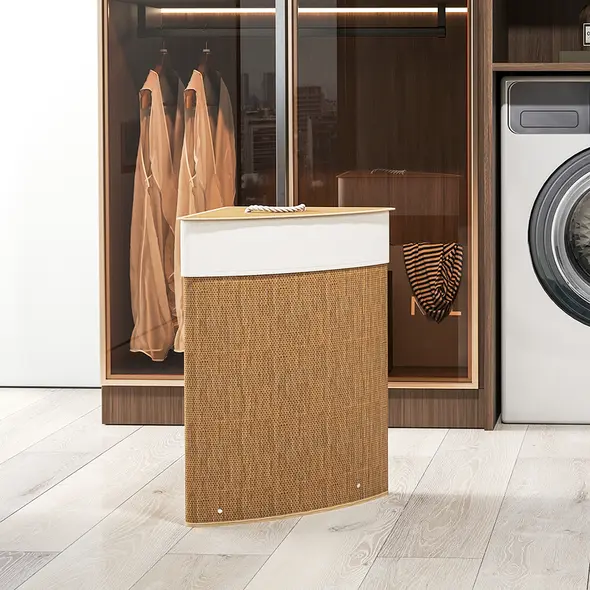 HOMCOM Bamboo Laundry Basket with Lid, 55L Corner Laundry Hamper with Removable Washable Liner Bag, Bathroom Triangle Washing Basket, 35 x 35 x 60 cm, Brown - 7