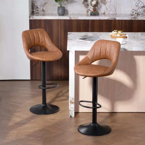 HOMCOM Bar Stools Set of 2, PU Leather Swivel Barstools with Backrest and Footrest for Kitchen, Counter, Breakfast Bar, Brown - 2