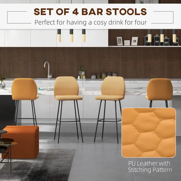 HOMCOM Bar Stools Set of 4, Linen-Touch Upholstered Bar Chairs, Kitchen Stools with Backs and Steel Legs for Dining Room, Light Brown - 4