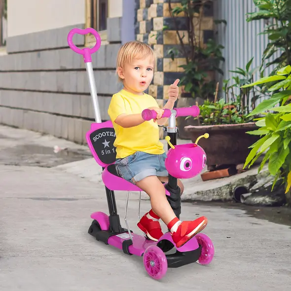 HOMCOM Adjustable Kids Toddler Scooter, with Removable Seat, Back Handle, Pink - 2