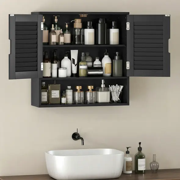 HOMCOM Bathroom Cabinet, Wall Mounted Storage Cabinet with Adjustable Shelves, 60 x 20 x 60 cm, Black - 7