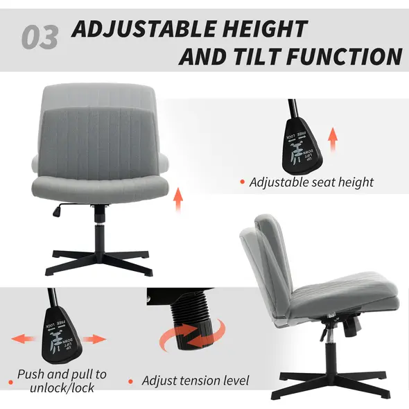 HOMCOM Armless Office Chair No Wheels, Linen Fabric Criss Cross Legged Desk Chair with Wide Seat, Thick Padding, Tilt Function, Height Adjustable Swivel Computer Seat for Home, Grey - 6