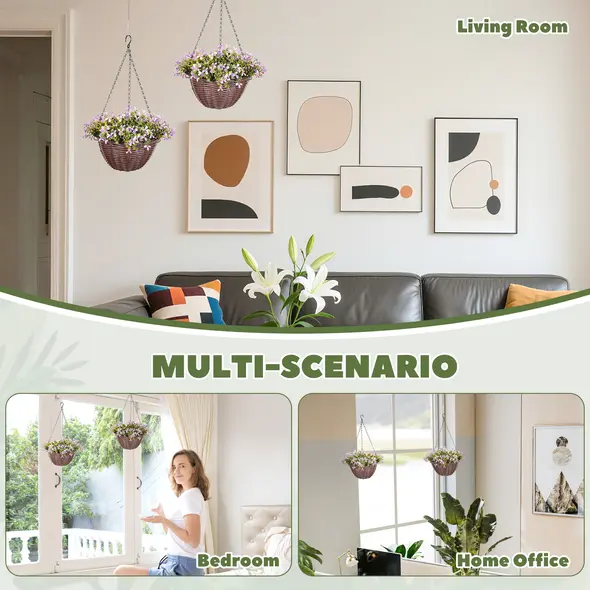 HOMCOM Artificial Flowers in Basket Set of 2, Artificial Hanging Baskets with 75 Leaves and 15 Flowers in Pot, Decorative Plant for Home Office Decor, Purple - 5