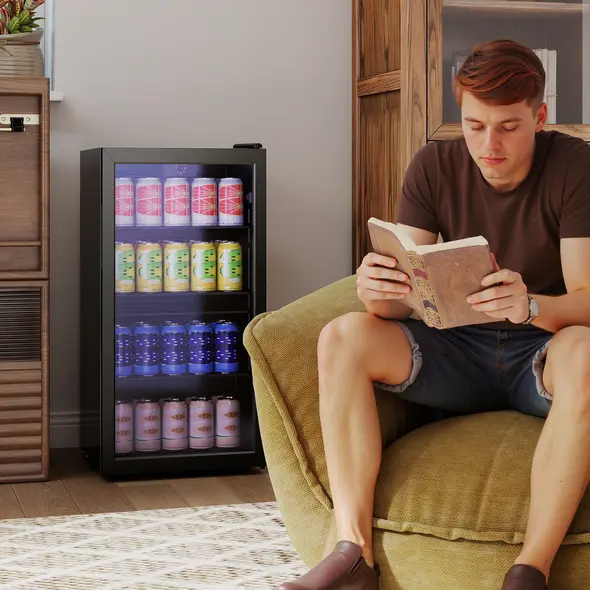 HOMCOM 93L Drinks Fridge, 115 Can Freestanding Beer Fridge with Glass Door, Adjustable Shelves, LED Light, for Beer Soda, Black - 2