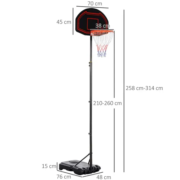 HOMCOM Basketball Hoop Stand Portable Adjustable Height 2.1-2.6m w/ Wheels, Sturdy Rim Stable Base, Black - 3