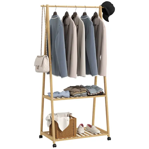 HOMCOM Bamboo Clothes Rack, with Shelves and Hooks - Natural Finish - 1