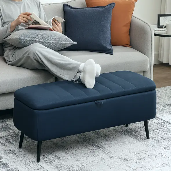 HOMCOM 92 x 31cm Linen-Look Storage Ottoman - Dark Blue - 2