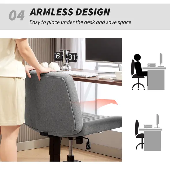 HOMCOM Armless Office Chair No Wheels, Linen Fabric Criss Cross Legged Desk Chair with Wide Seat, Thick Padding, Tilt Function, Height Adjustable Swivel Computer Seat for Home, Grey - 7