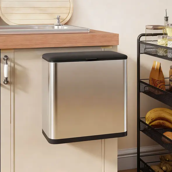 HOMCOM 8L Hanging Kitchen Bin, Rubbish bin with Lid and Removable Inner Bucket for Under Cabinet Door, Under Sink, Office - 2