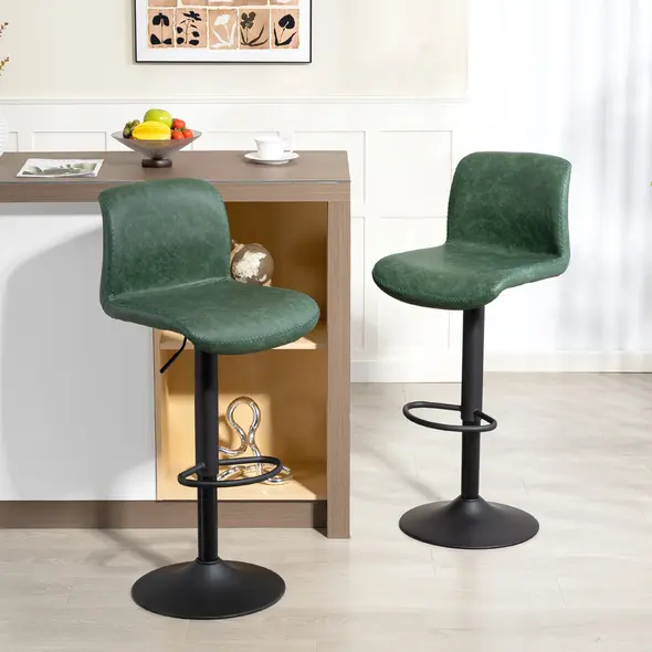 HOMCOM Bar Stools Set of 2, PU Leather Barstools with Backrest and Footrest for Kitchen, Counter, Breakfast Bar, Green - 2