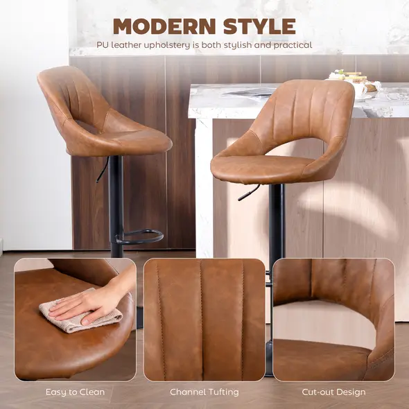 HOMCOM Bar Stools Set of 2, PU Leather Swivel Barstools with Backrest and Footrest for Kitchen, Counter, Breakfast Bar, Brown - 7