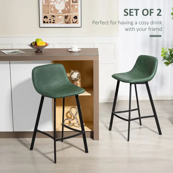 HOMCOM Bar Stools Set of 2, PU Leather Dining Stools with Backrest, Footrest, for Kitchen, Counter, Breakfast Bar, Green - 4