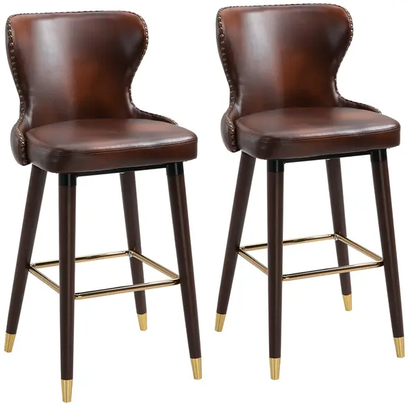 HOMCOM Bar Stools Set of 2, PU Leather Barstools with Back, Footrest and Wood Legs for Kitchen, Counter, Breakfast Bar, Brown - 1