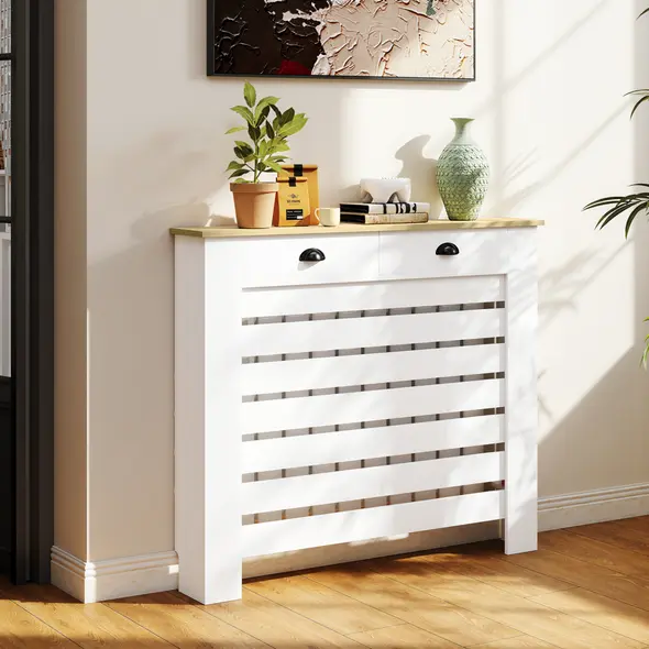 HOMCOM 95.5H x 111Wcm Radiator Cover, with Drawer - White - 2