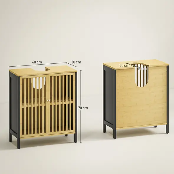 HOMCOM Bamboo-Blend Retro Cut-Out Under Sink Cabinet - 3