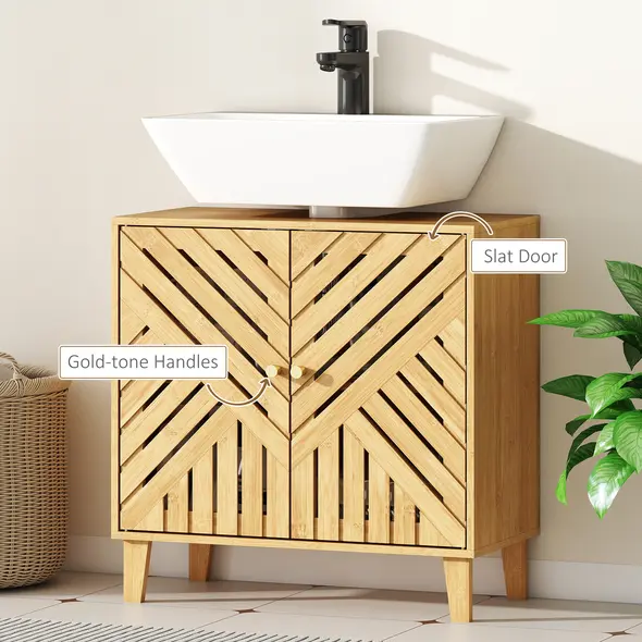 HOMCOM Bamboo Bathroom Under Sink Cabinet with Adjustable Shelf for Basin without Pedestal - Natural - 7