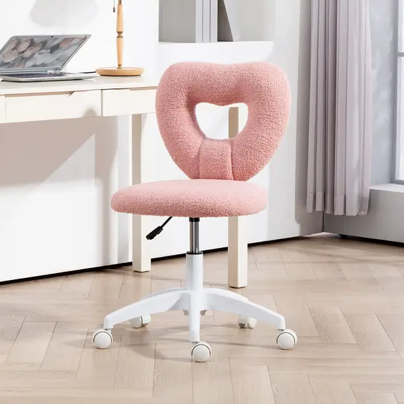 HOMCOM Armless Heart Computer Desk Chair, Teddy Fleece Swivel Office Chair, Makeup Vanity Chair with Height Adjustable, Wheels, for Home Study Bedroom, Pink - 2