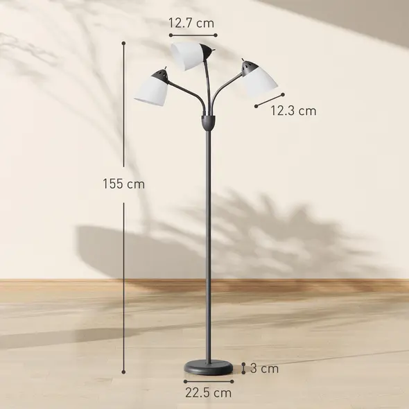 HOMCOM Arc Tree Floor Lamp with 3 Adjustable Rotating Lights and 3000K/4500K/6500K Colour Temperatures, Industrial Standing Lamp with Steel Frame for Bedroom Living Room, 155cm, Black - 3