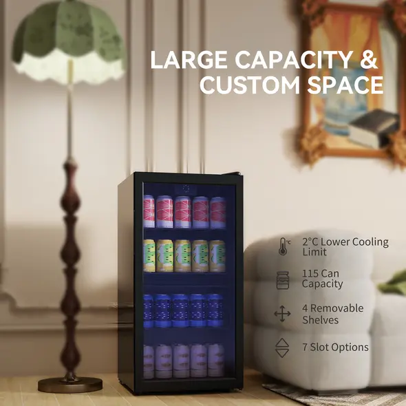 HOMCOM 93L Drinks Fridge, 115 Can Freestanding Beer Fridge with Glass Door, Adjustable Shelves, LED Light, for Beer Soda, Black - 4