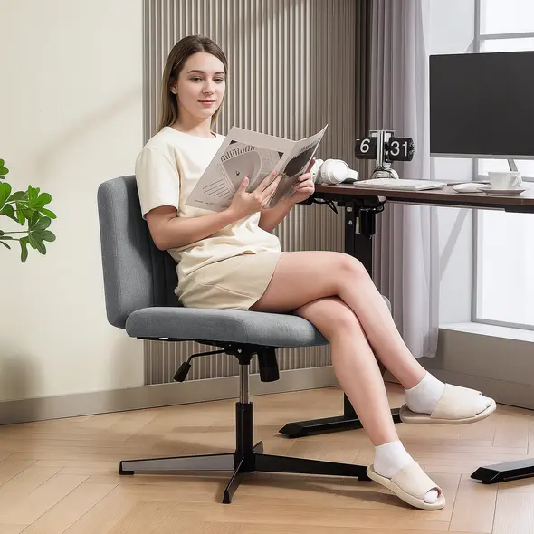 HOMCOM Armless Office Chair No Wheels, Linen Fabric Criss Cross Legged Desk Chair with Wide Seat, Thick Padding, Tilt Function, Height Adjustable Swivel Computer Seat for Home, Grey - 2